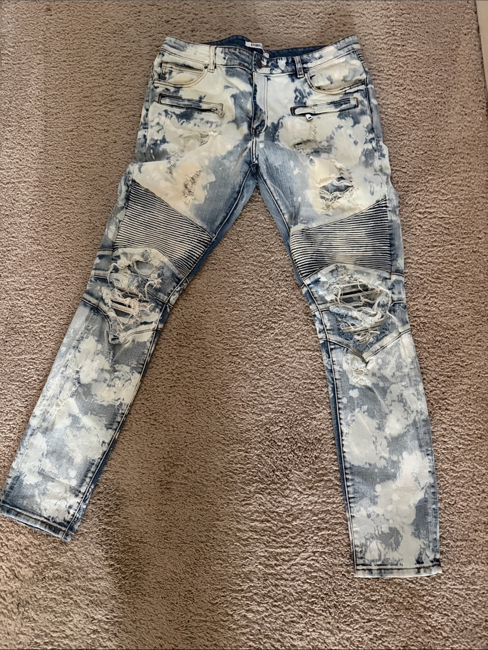 Distressed Bleached Light Blue Skinny Biker Jeans for Men